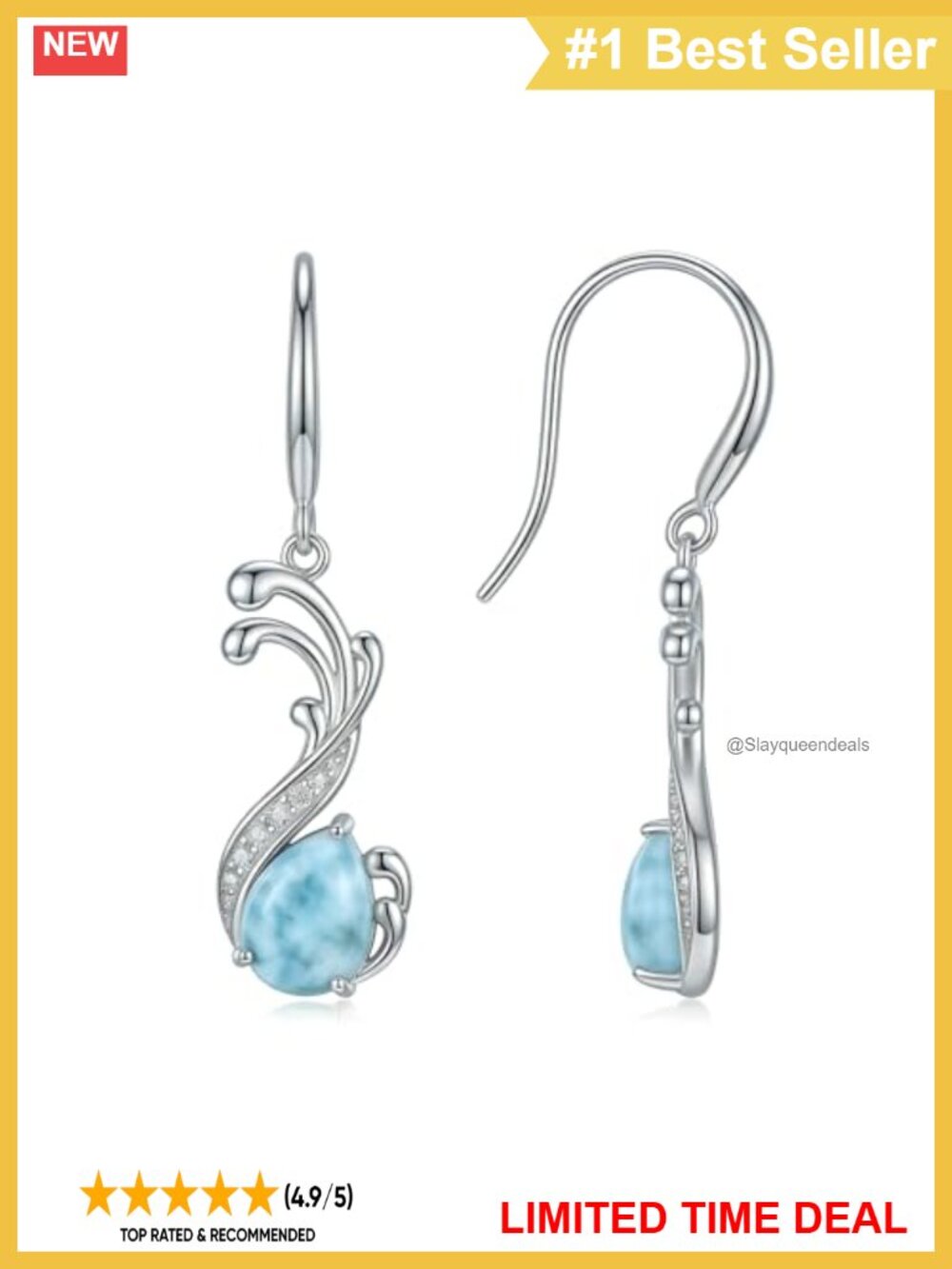 Larimar Teardrop Dangle Earrings 925 Sterling Silver Genuine Diamond Vintage